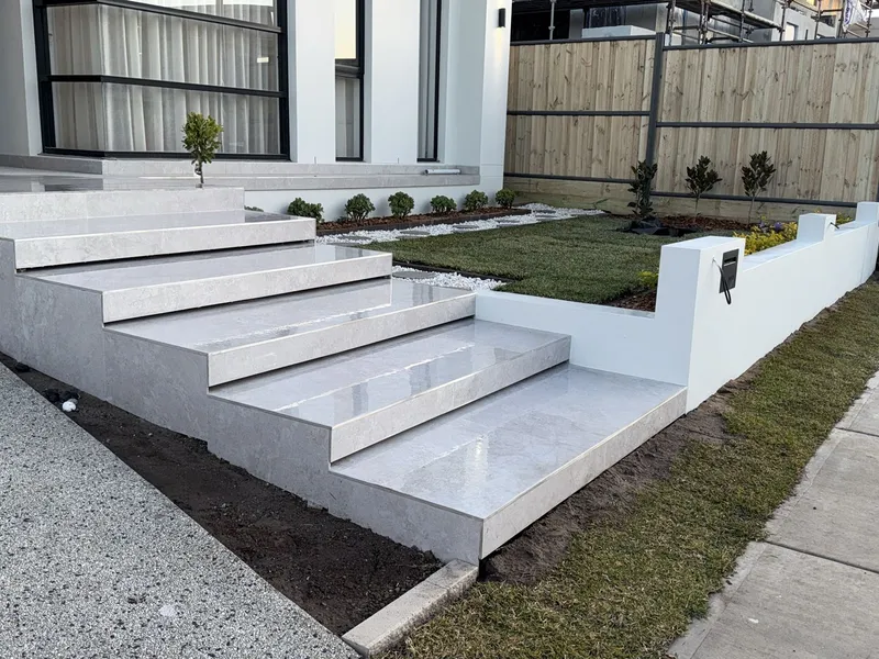 Tiled concrete entry steps with turf, Western Sydney